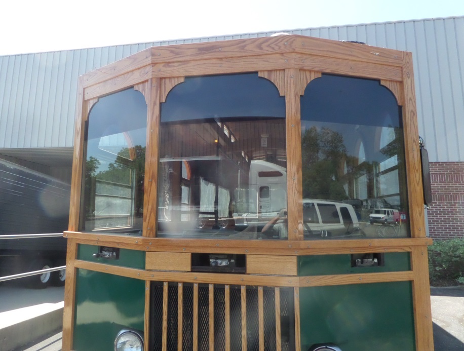 Trolley restoration, with steam bent wood trim and curved window moulding.